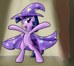 Size: 1800x1600 | Tagged: safe, artist:whatsapokemon, twilight sparkle, pony, unicorn, g4, bipedal, cape, clothes, female, hat, solo, standing, the great and powerful, the great and powerful twilight, unicorn twilight