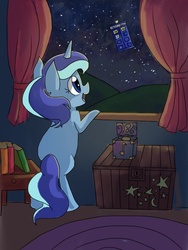 Size: 768x1024 | Tagged: safe, artist:berryden, minuette, pony, unicorn, g4, crossover, doctor who, female, filly, foal, goodnight, music box, solo, tardis, window