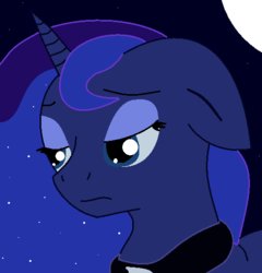 Size: 501x522 | Tagged: safe, artist:fizzypumpkin, princess luna, g4, bust, feels bad man, feels bad pony, female, floppy ears, frown, night, sad, solo