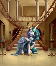 Size: 1500x1760 | Tagged: dead source, safe, artist:polkin, princess celestia, alicorn, pony, g4, bottle, clothes, column, dress, female, glowing horn, horn, levitation, magic, mare, one eye closed, solo, stairs, telekinesis, wink