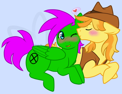 Size: 2156x1672 | Tagged: safe, artist:soulnik, braeburn, oc, pegasus, pony, g4, blushing, canon x oc, female, kissing, male, shipping, straight