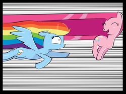 Size: 1000x747 | Tagged: safe, artist:thewormouroboros, pinkie pie, rainbow dash, g4, action pose, how, pinkie being pinkie, pinkie physics