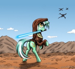 Size: 2400x2195 | Tagged: safe, artist:kh0nan, lyra heartstrings, pony, unicorn, g4, butt, clothes, energy weapon, female, hooves, horn, jedi, lightsaber, mare, mouth hold, obi-wan kenobi, plot, rearing, solo, star wars, starfighter, underhoof, weapon, x-wing