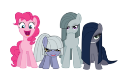 Size: 3370x2235 | Tagged: safe, artist:reitanna-seishin, limestone pie, marble pie, pinkie pie, oc, oc:minkie pie, fanfic:muffins, alternate design, fanfic art, glare, grin, happy, looking at you, obsidian pie, open mouth, pie sisters, simple background, smiling, speculation, transparent background, vector