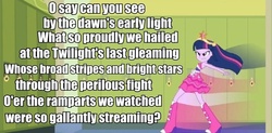 Size: 838x411 | Tagged: safe, screencap, twilight sparkle, equestria girls, g4, female, image macro, lyrics, meme, pun, solo, song, song reference, star spangled banner, text, twilight's last gleaming