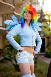 Size: 900x1350 | Tagged: safe, artist:ladymella, rainbow dash, human, g4, belly button, cosplay, irl, irl human, midriff, photo, solo