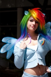 Size: 508x759 | Tagged: safe, artist:ladymella, rainbow dash, human, g4, belly button, cosplay, irl, irl human, midriff, photo, solo