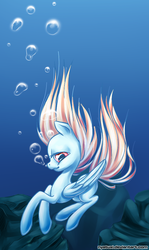 Size: 566x950 | Tagged: safe, artist:nyatuxi, oc, oc only, oc:watersurface, pegasus, pony, blue background, bubble, crepuscular rays, digital art, eyelashes, feather, female, flowing mane, flowing tail, lidded eyes, looking at you, mare, ocean, orange mane, orange tail, pegasus oc, red eyes, rock, simple background, smiling, smiling at you, solo, sunlight, swimming, tail, underwater, water, wings