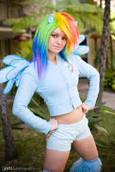Size: 429x639 | Tagged: safe, artist:ladymella, rainbow dash, human, g4, belly button, cosplay, irl, irl human, midriff, photo, solo