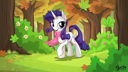 Size: 2560x1440 | Tagged: safe, artist:mysticalpha, rarity, g4, clothes, female, forest, scarf, solo, tree, wallpaper