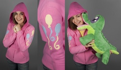 Size: 1503x864 | Tagged: safe, artist:shoriameshiko, gummy, pinkie pie, human, g4, clothes, customized toy, cutie mark, hoodie, irl, photo, plushie