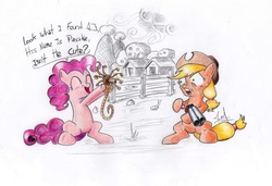 Size: 1976x1350 | Tagged: dead source, safe, artist:raindeimos, applejack, pinkie pie, alien, earth pony, facehugger, pony, g4, alien (franchise), applejack is not amused, crossover, fence, gun, oblivious, shotgun, sweet apple acres, traditional art, unamused