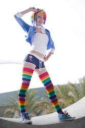 Size: 3744x5616 | Tagged: safe, artist:donknnj, rainbow dash, human, g4, clothes, cosplay, irl, irl human, midriff, photo, rainbow socks, shorts, slender, socks, solo, striped socks, thigh highs, thin, wondercon, wondercon 2012