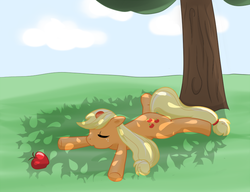 Size: 858x660 | Tagged: safe, artist:marikaefer, applejack, g4, apple, dappled sunlight, female, injured, missing accessory, solo, tree, unconscious