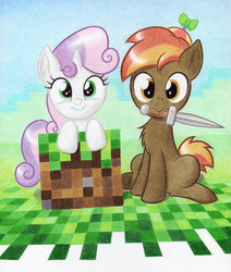Size: 1280x1510 | Tagged: safe, artist:agamnentzar, button mash, sweetie belle, earth pony, pony, unicorn, g4, chest fluff, colored pencil drawing, colt, crossover, duo, duo male and female, female, filly, foal, gamer belle, grin, hat, horn, looking at you, male, minecraft, mouth hold, nose fluff, propeller hat, sitting, smiling, sword, traditional art, video game