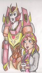 Size: 872x1512 | Tagged: source needed, useless source url, safe, idw, sunset shimmer, human, g4, crossover, hot rod, humanized, idw transformers, more than meets the eye, rodimus prime, traditional art, transformers