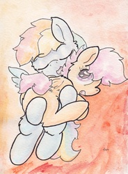 Size: 742x1010 | Tagged: safe, artist:slightlyshade, rainbow dash, scootaloo, pegasus, pony, g4, butt touch, female, filly, hoof on butt, mare, scootalove, traditional art