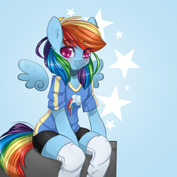 Size: 1000x1000 | Tagged: safe, artist:camellia, rainbow dash, semi-anthro, g4, clothes, female, shorts, socks, solo