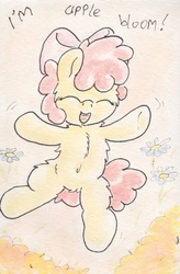 Size: 521x796 | Tagged: safe, artist:slightlyshade, apple bloom, earth pony, pony, g4, chest fluff, dialogue, eyes closed, female, filly, flower, fluffy, foal, solo, traditional art