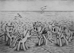 Size: 2500x1782 | Tagged: safe, artist:rockingscorpion, pinkie pie, sea swirl, seafoam, oc, bird, dolphin, g4, monochrome, ocean, traditional art