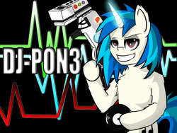 Size: 1600x1200 | Tagged: safe, artist:quin, dj pon-3, vinyl scratch, unicorn, semi-anthro, g4, dubstep gun, female, fluffy, grin, lidded eyes, record, smiling, solo