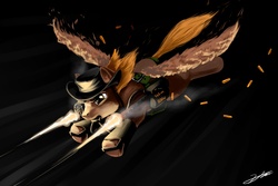 Size: 1500x1000 | Tagged: safe, artist:gasmaskfox, oc, oc only, oc:calamity, pegasus, pony, fallout equestria, battle saddle, fanfic, fanfic art, gun, hat, male, solo, stallion, weapon, wings