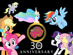 Size: 900x675 | Tagged: safe, artist:smwstudios, applejack, derpy hooves, fluttershy, pinkie pie, princess celestia, rainbow dash, rarity, twilight sparkle, pegasus, pony, g4, 30th anniversary, female, mare