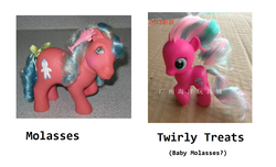 Size: 1437x873 | Tagged: safe, molasses, twirly treats, g1, g4, comparison, irl, photo, text, toy