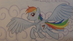 Size: 3072x1728 | Tagged: safe, artist:thefriendlyelephant, rainbow dash, g4, female, flying, solo, traditional art