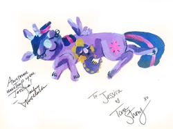 Size: 2052x1533 | Tagged: safe, artist:jdagonzalez, spike, twilight sparkle, alicorn, pony, g4, female, mare, sleeping, traditional art, twilight sparkle (alicorn)