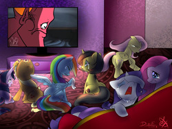 Size: 1200x900 | Tagged: safe, applejack, fluttershy, pinkie pie, rainbow dash, rarity, twilight sparkle, oc, oc:pauly sentry, g4, butt, crying, exploitable meme, handkerchief, leo and satan, mane six, meme, plot, sad, sad movie meme, television, tissue