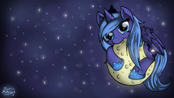 Size: 1920x1080 | Tagged: safe, artist:malamol, princess luna, g4, biting, cute, fangs, female, filly, looking at you, lunabetes, moon, nom, smiling, solo, tangible heavenly object, wallpaper, woona, younger