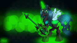 Size: 1920x1080 | Tagged: safe, artist:malamol, queen chrysalis, changeling, changeling queen, g4, crown, female, glowing, glowing horn, guitar, horn, jewelry, regalia, solo