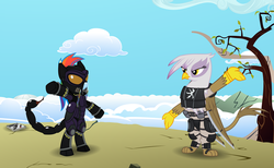 Size: 6998x4322 | Tagged: safe, artist:havebkyourway, gilda, rainbow dash, griffon, pegasus, pony, scorpion, fallout equestria, g4, absurd resolution, armor, bipedal, duo, enclave armor, fanfic, fanfic art, female, hooves, mare, ministry mares, power armor, scorpion tail, shadowbolt armor, wasteland, wings