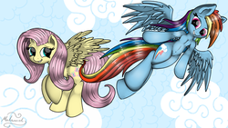 Size: 1920x1080 | Tagged: safe, artist:malamol, fluttershy, rainbow dash, semi-anthro, g4, flying