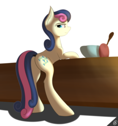 Size: 1196x1280 | Tagged: safe, artist:capseys, bon bon, sweetie drops, earth pony, pony, g4, bedroom eyes, bipedal leaning, butt, cooking, dock, female, mare, plot, simple background, solo, table, transparent background