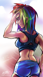 Size: 650x1176 | Tagged: safe, artist:ddhew, rainbow dash, human, g4, clothes, female, humanized, midriff, runner, shorts, solo, sports bra