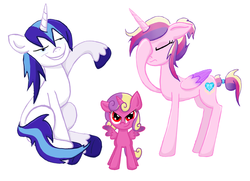 Size: 1245x900 | Tagged: safe, artist:thecheeseburger, princess cadance, princess skyla, shining armor, alicorn, pony, g4, corrupted, evil, facehoof, filly, simple background, trio, white background