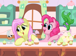 Size: 800x590 | Tagged: safe, artist:thatasianmike, angel bunny, fluttershy, gummy, pinkie pie, g4, baking, cupcake, kitchen