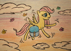 Size: 1054x758 | Tagged: safe, artist:stargazer96, fluttershy, g4, bag, female, flying, solo, traditional art, younger