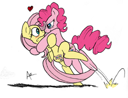 Size: 1647x1257 | Tagged: safe, artist:legaffeur, fluttershy, pinkie pie, g4, blushing, dancing, female, heart, imminent non consensual cuddling, lesbian, ship:flutterpie, shipping