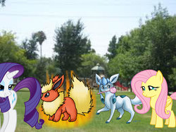 Size: 1024x767 | Tagged: safe, fluttershy, rarity, flareon, glaceon, g4, crossover, pokémon