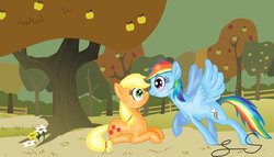 Size: 1024x587 | Tagged: safe, artist:some-pegasister, applejack, rainbow dash, g4, blushing, female, lesbian, ship:appledash, shipping