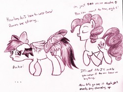 Size: 1280x963 | Tagged: safe, artist:kittyhawk-contrail, pinkie pie, rainbow dash, g4, blushing, sketch, tail bow