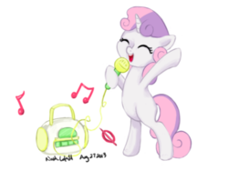 Size: 400x319 | Tagged: dead source, safe, artist:beefcrow, sweetie belle, pony, g4, bipedal, eyes closed, female, microphone, music notes, simple background, singing, solo, transparent background