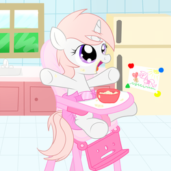 Size: 1500x1500 | Tagged: safe, artist:fillyscoots42, oc, oc only, oc:snowlily, pony, baby, baby pony, chair, diaper, foal, highchair, messy eating, poofy diaper, solo