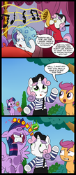 Size: 743x1700 | Tagged: safe, artist:madmax, rarity, scootaloo, sweetie belle, twilight sparkle, alicorn, pony, g4, against glass, broken teeth, comic, crash, female, fourth wall, fox hunting, gone horribly right, invisible wall, irony, mare, mime, ouch, pantomime, sweetie fail, sweetie mime, twilight sparkle (alicorn)