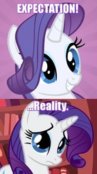 Size: 506x901 | Tagged: safe, edit, rarity, g4, art evolution, comparison, cute, expectation vs reality, frown, grin, image macro, sad, smiling, squee, text