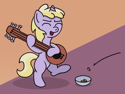 Size: 1070x805 | Tagged: safe, artist:gogglesparks, dinky hooves, pony, g4, bard, bipedal, bits, bowl, coin, eyes closed, female, filly, musical instrument, open mouth, smiling, solo