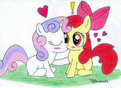 Size: 900x655 | Tagged: safe, artist:metadragonart, apple bloom, sweetie belle, earth pony, pony, unicorn, g4, blushing, exclamation point, female, filly, foal, heart, kiss on the lips, kissing, lesbian, ship:sweetiebloom, shipping, traditional art